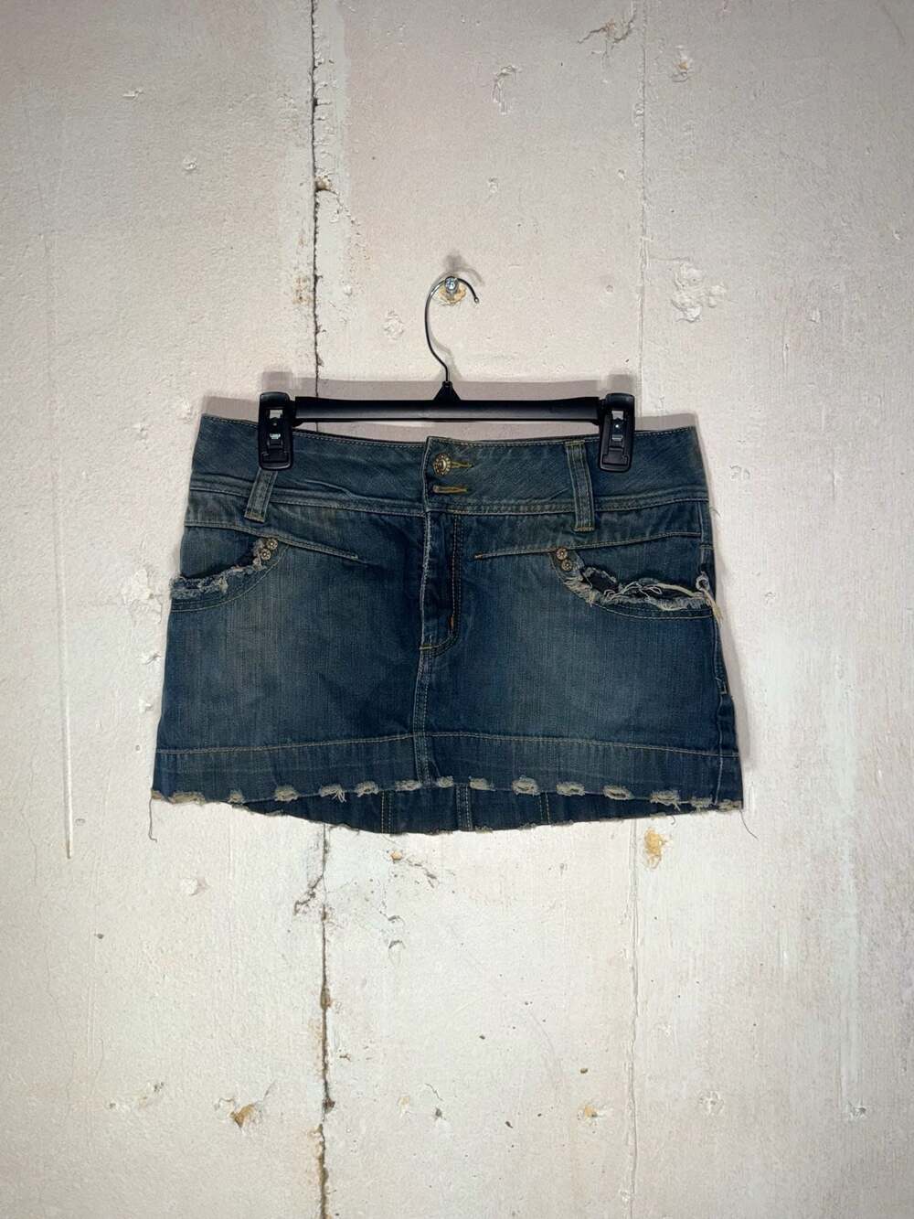 Vintage OPRK Y2K Low Rise Distressed Denim Micro Mini Skirt with Crown Patch